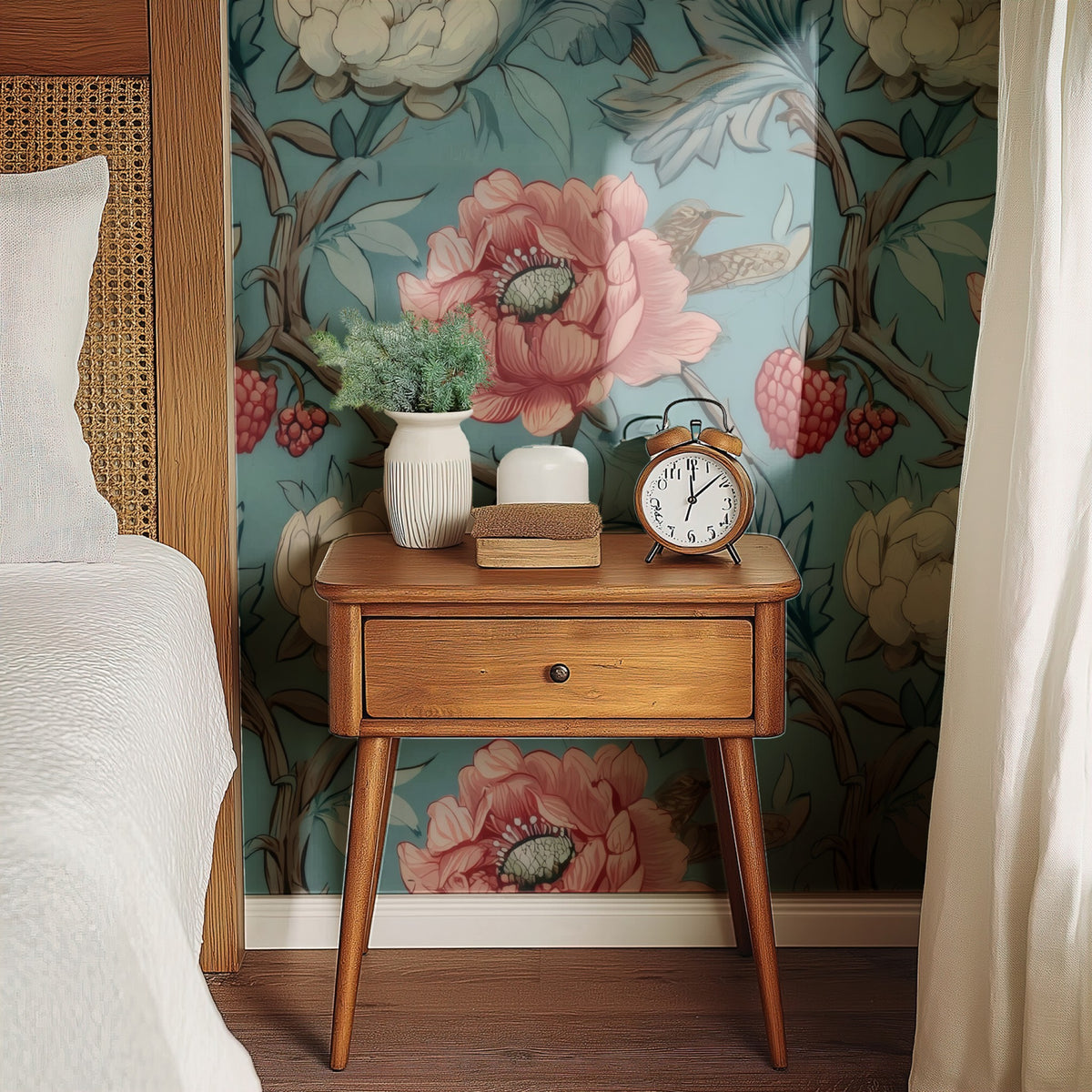 Raspberry Thrush large scale wallpaper in a styled room