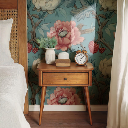 Raspberry Thrush large scale wallpaper in a styled room