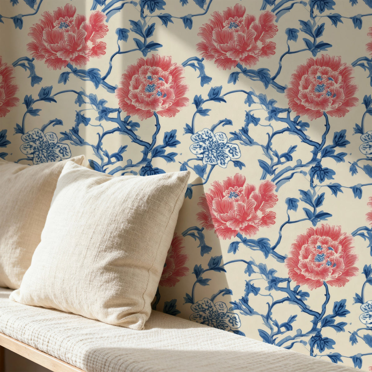 Red Peony large scale wallpaper in a styled room