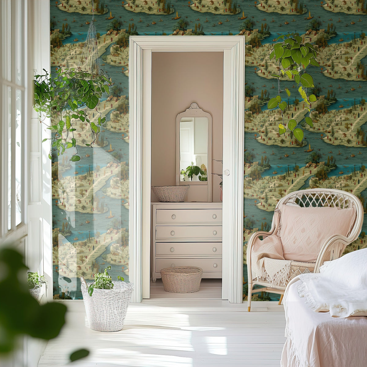 River Map large scale wallpaper in a styled room