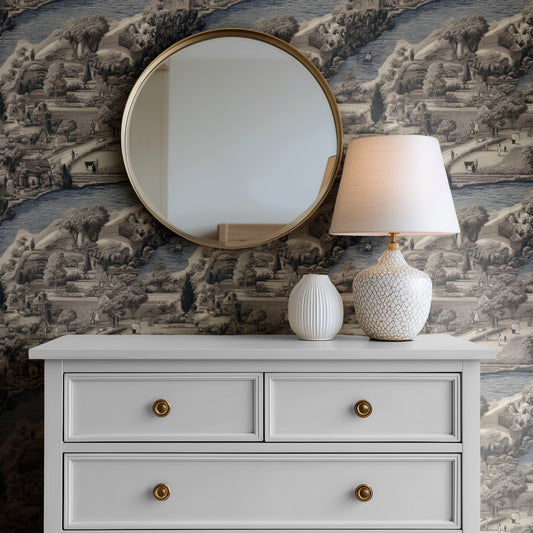 River Village large scale wallpaper in a styled room