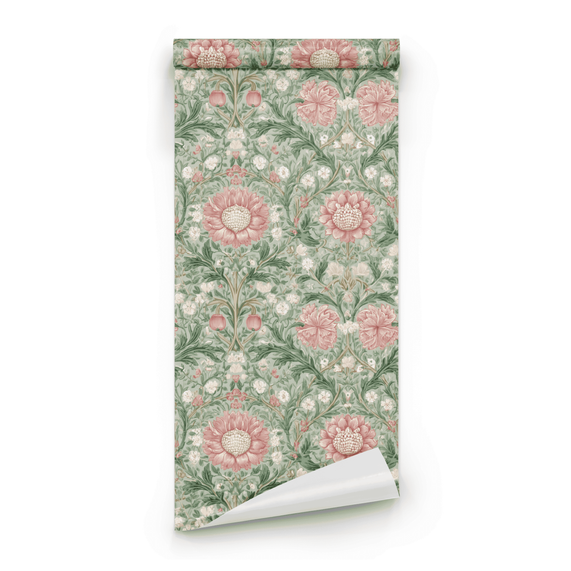 Green Floral Wallpaper roll close-up showing the rosaline floral drawing in close soft green Arts and Crafts detail