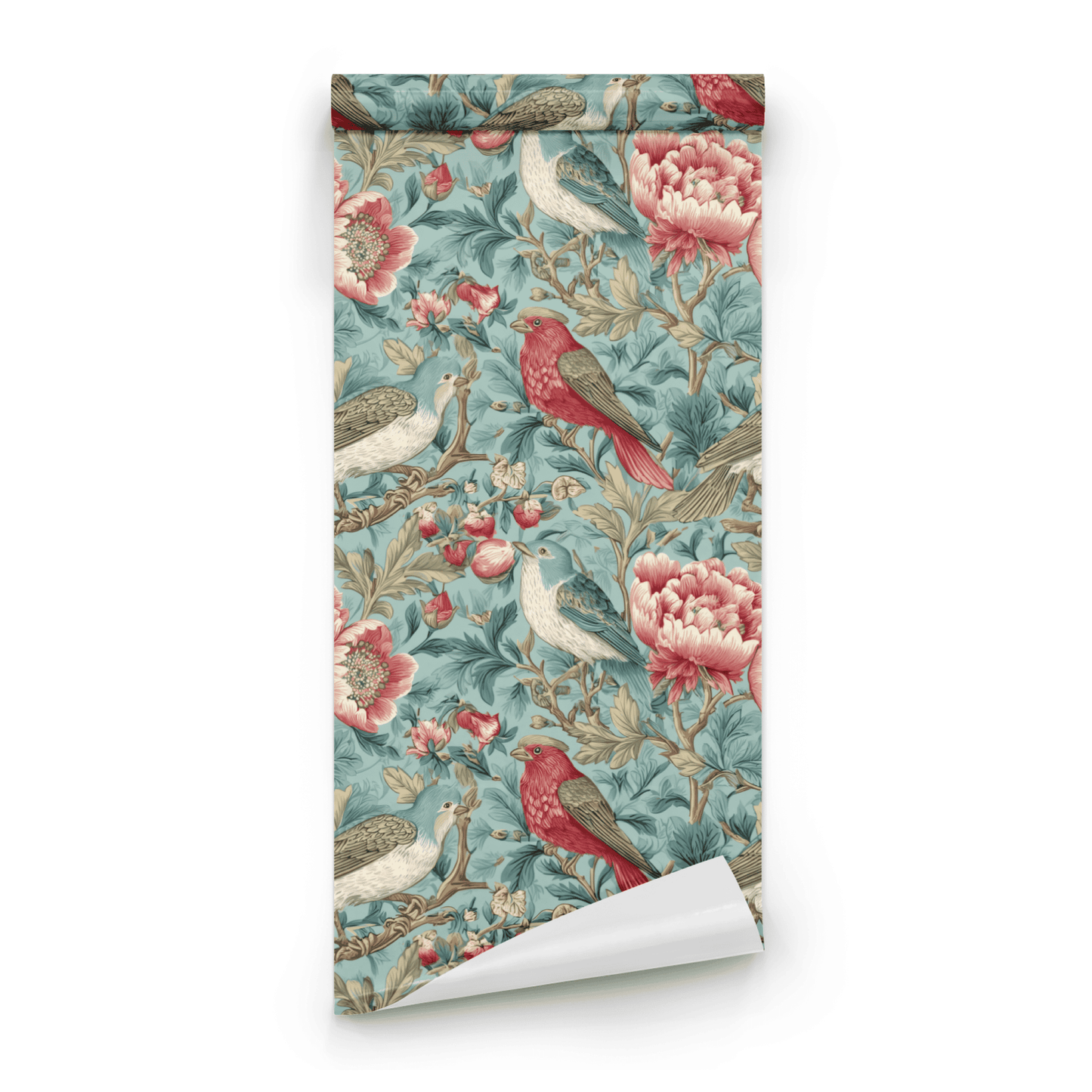 Green Floral Wallpaper roll close-up showing the chinoiserie bird-and-flower drawing on the green ground in fine line work