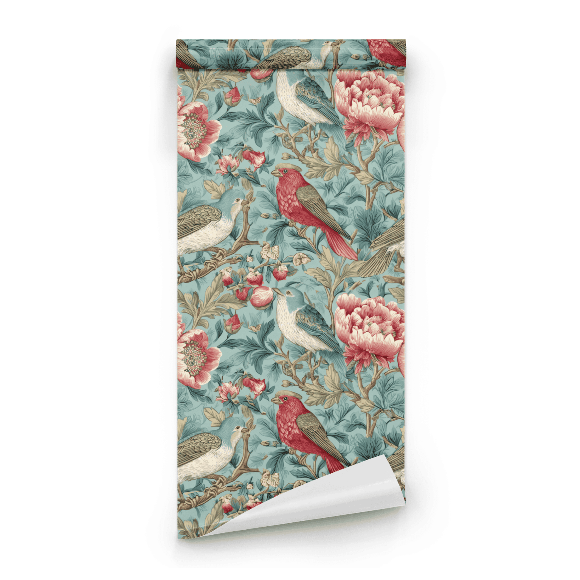 Green Floral Wallpaper roll close-up showing the chinoiserie bird-and-flower drawing on the green ground in fine line work