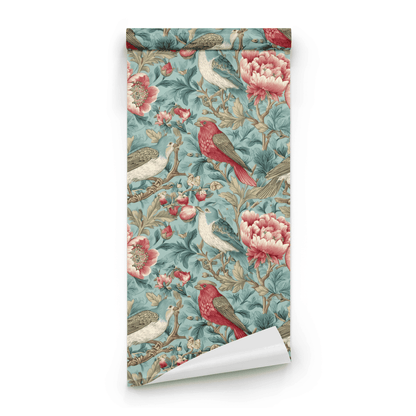 Green Floral Wallpaper roll close-up showing the chinoiserie bird-and-flower drawing on the green ground in fine line work