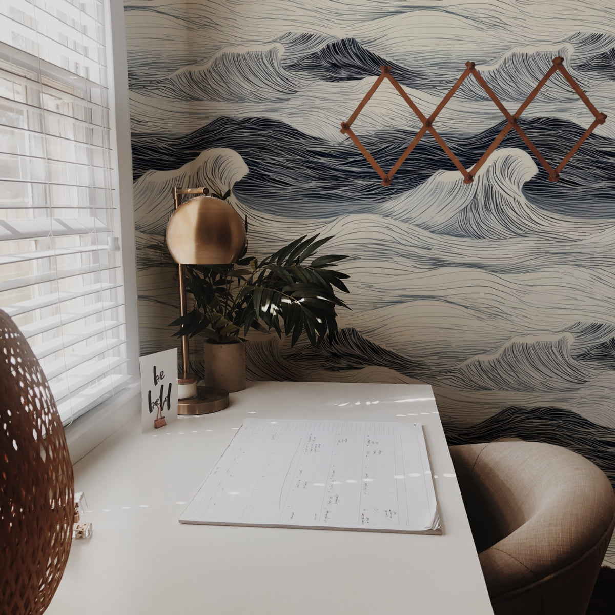 Rolling Sea large scale wallpaper in a styled room