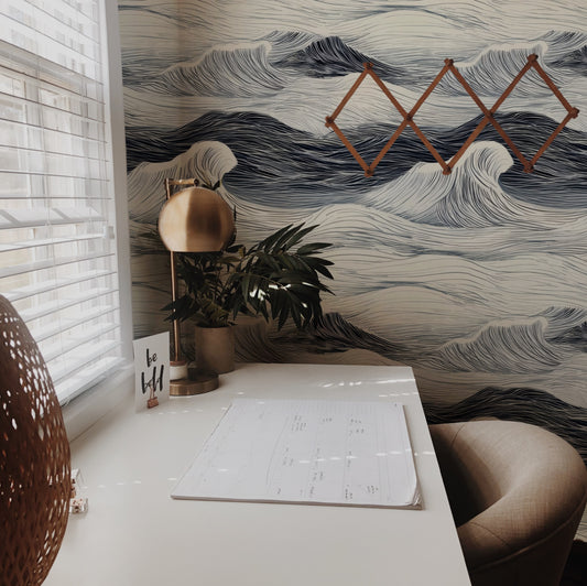 Rolling Sea large scale wallpaper in a styled room