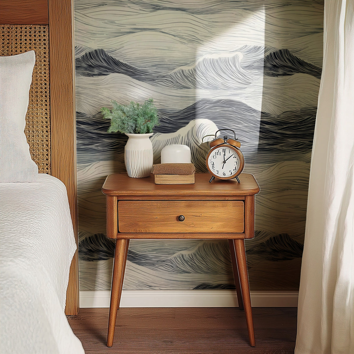 Rolling Sea large scale wallpaper in a styled room
