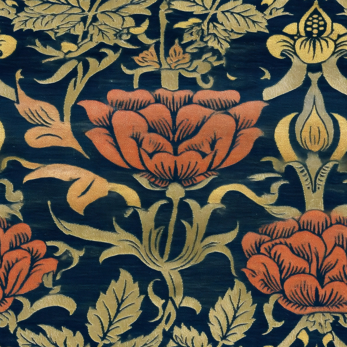 Big coral roses and golden lilies rise in a mirrored stem over a deep navy ground, a William Morris design.