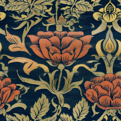 Big coral roses and golden lilies rise in a mirrored stem over a deep navy ground, a William Morris design.