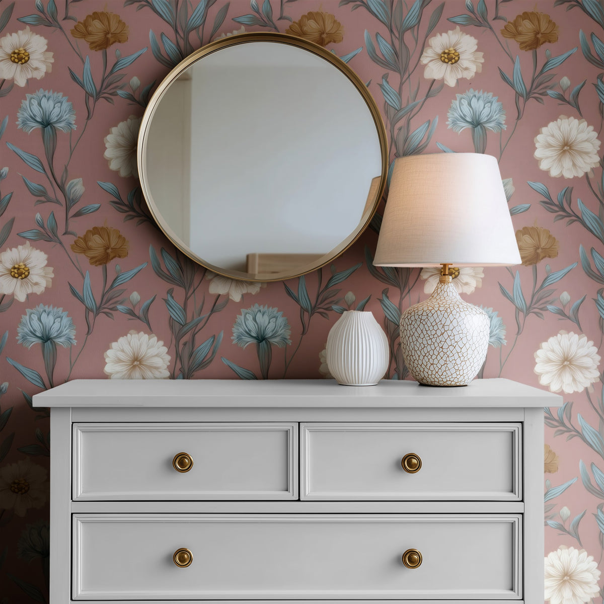 Rose Meadow large scale wallpaper in a styled room