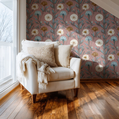Rose Meadow large scale wallpaper in a styled room