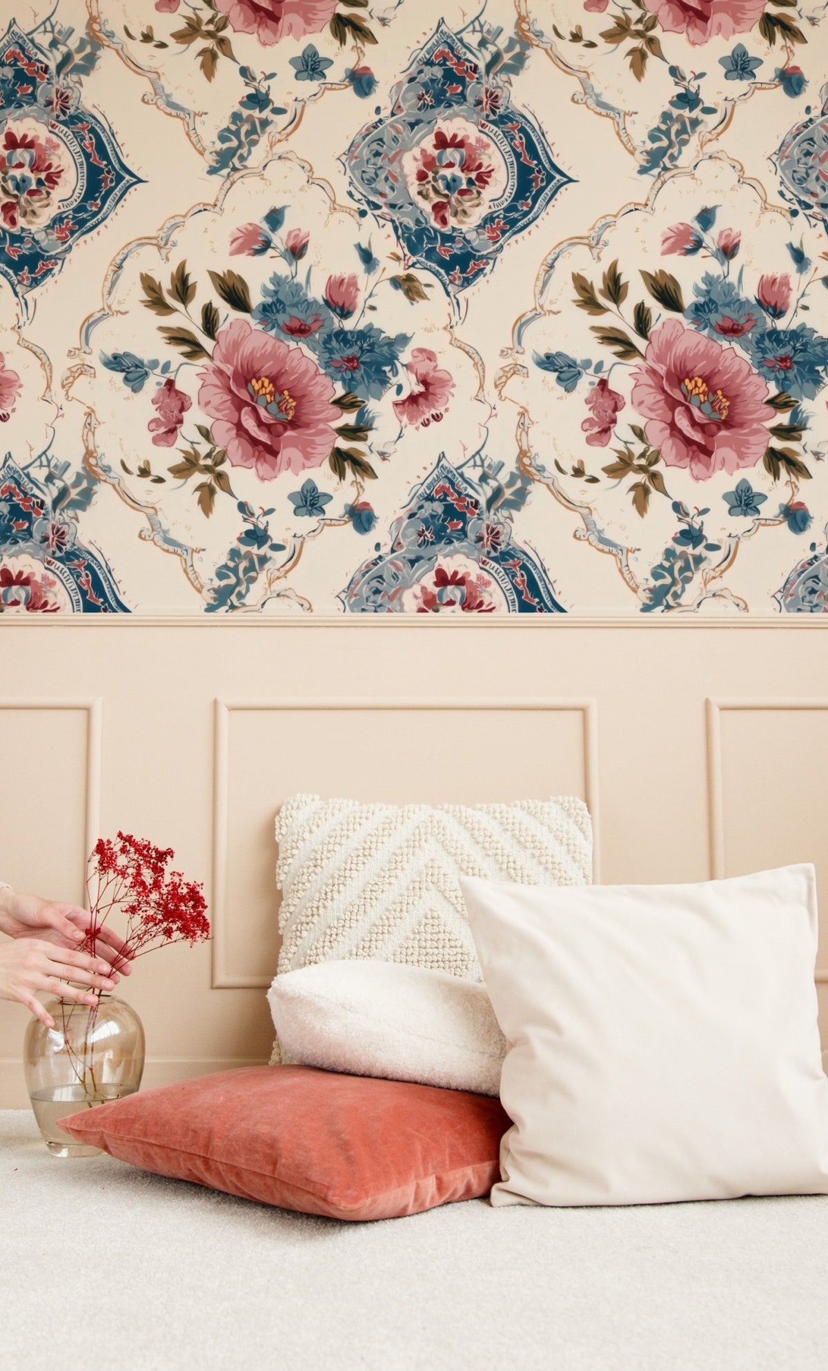 Rose Medallion large scale wallpaper in a styled room