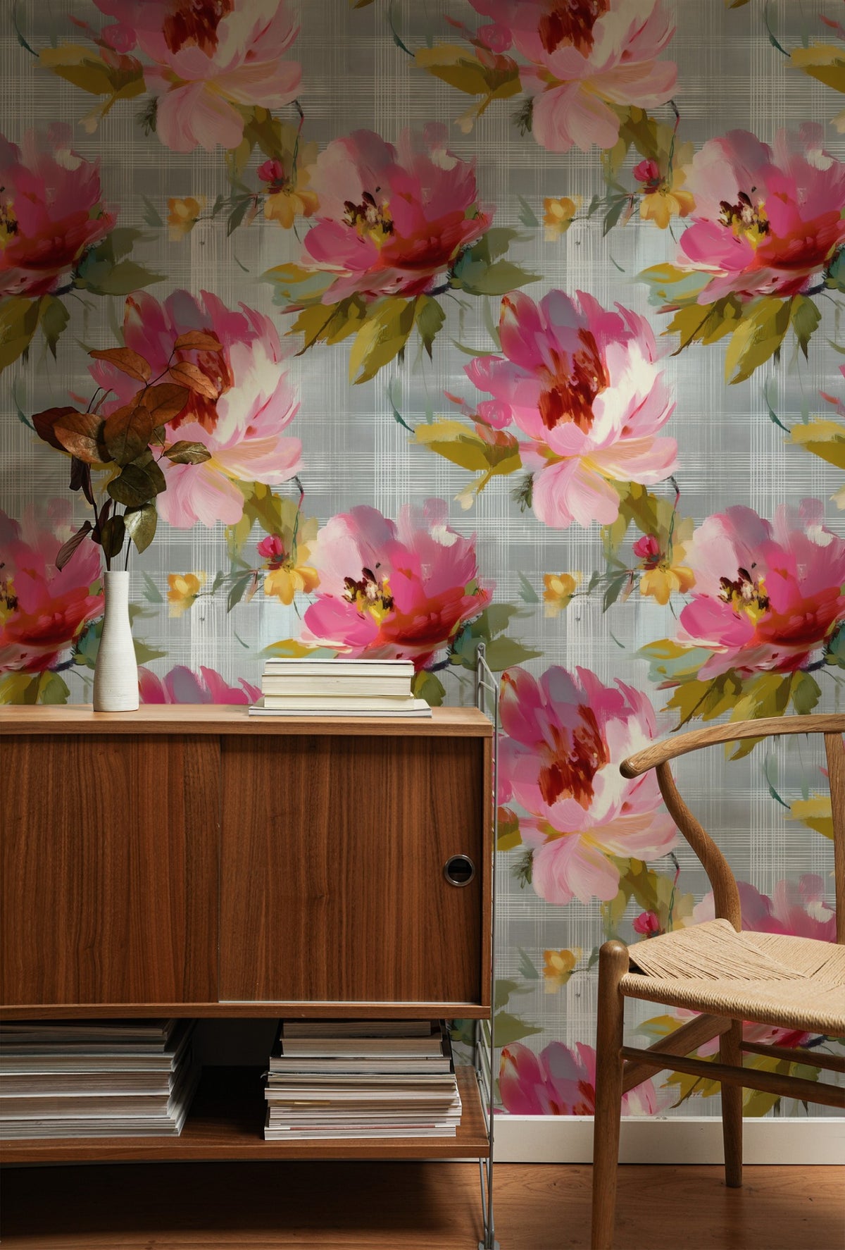 Rose Windowpane large scale wallpaper in a styled room
