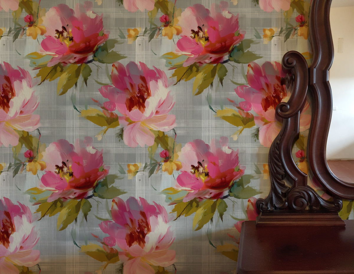 Rose Windowpane large scale wallpaper in a styled room