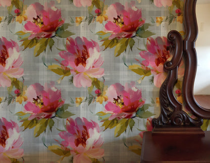 Rose Windowpane large scale wallpaper in a styled room