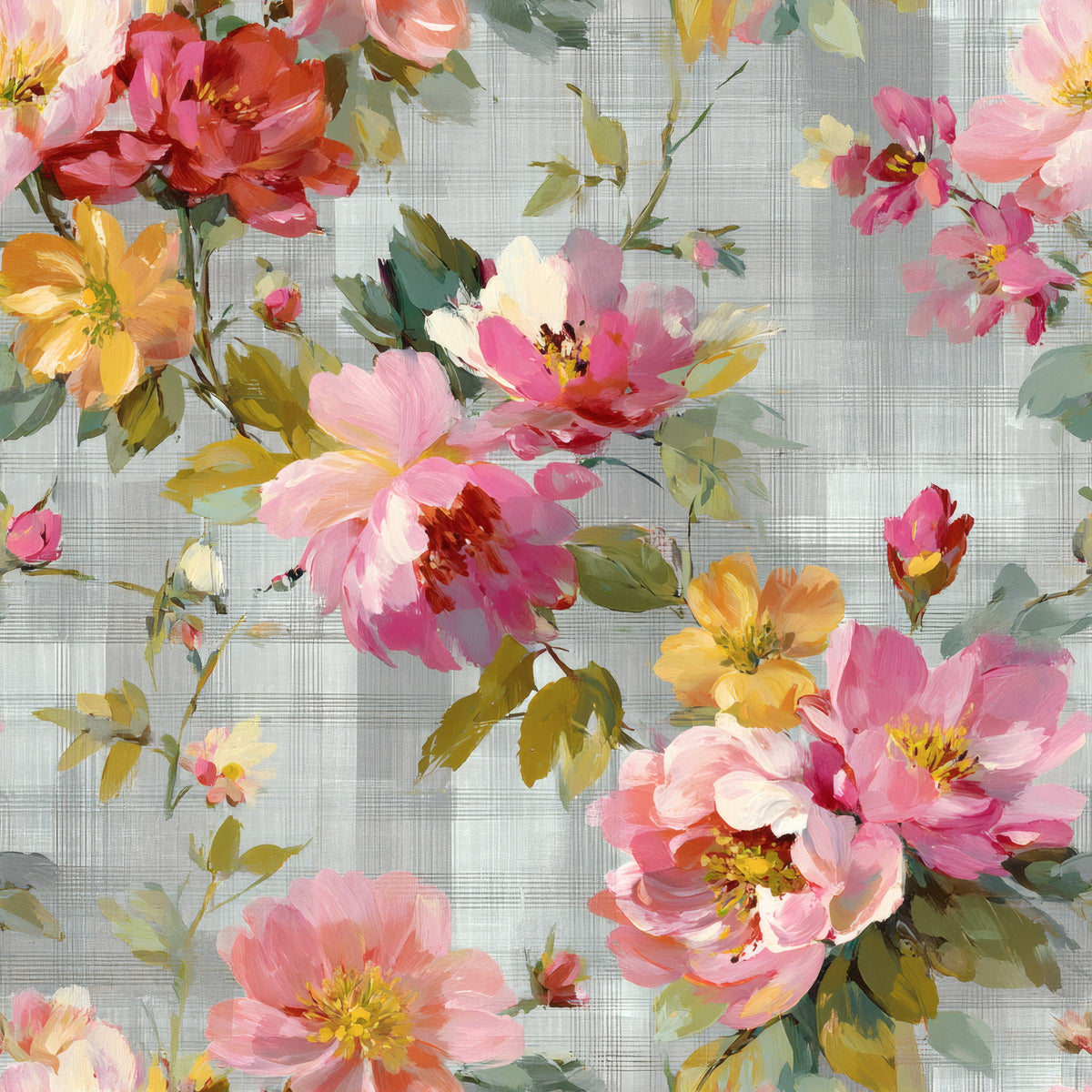 Painterly pink roses and peonies over a soft grey windowpane check.