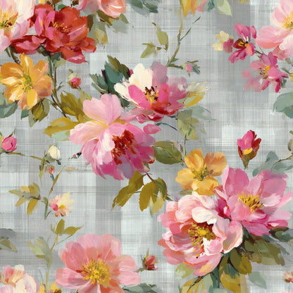Painterly pink roses and peonies over a soft grey windowpane check.