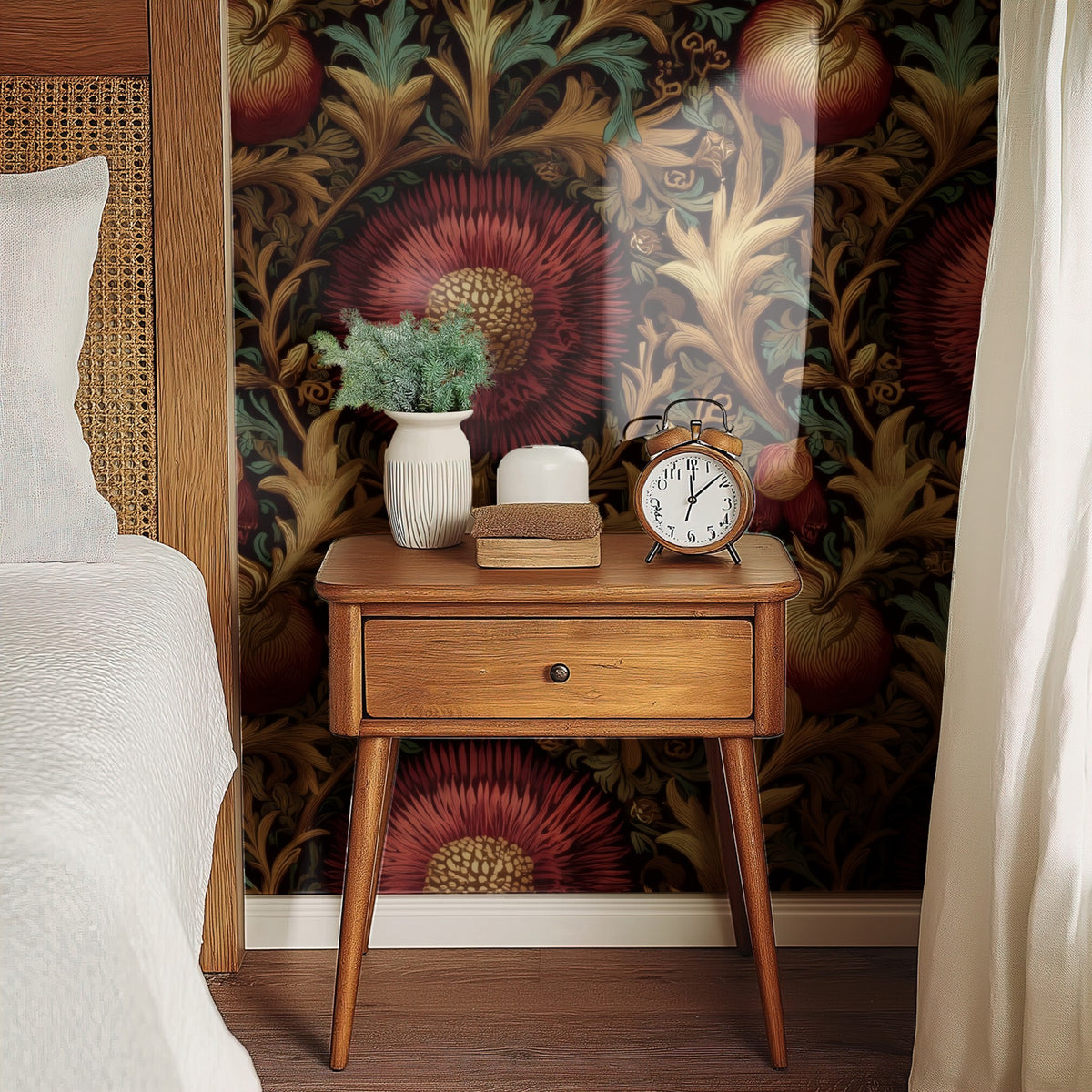 Ruby Chrysanthemum large scale wallpaper in a styled room