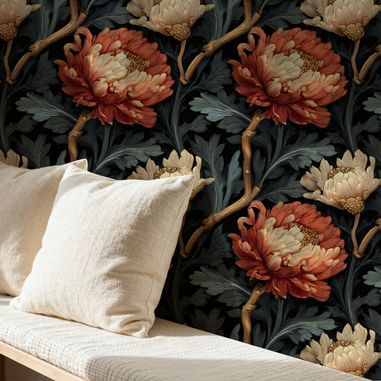 Rust Chrysanthemum large scale wallpaper in a styled room