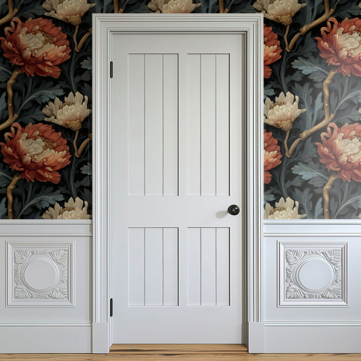 Rust Chrysanthemum large scale wallpaper in a styled room