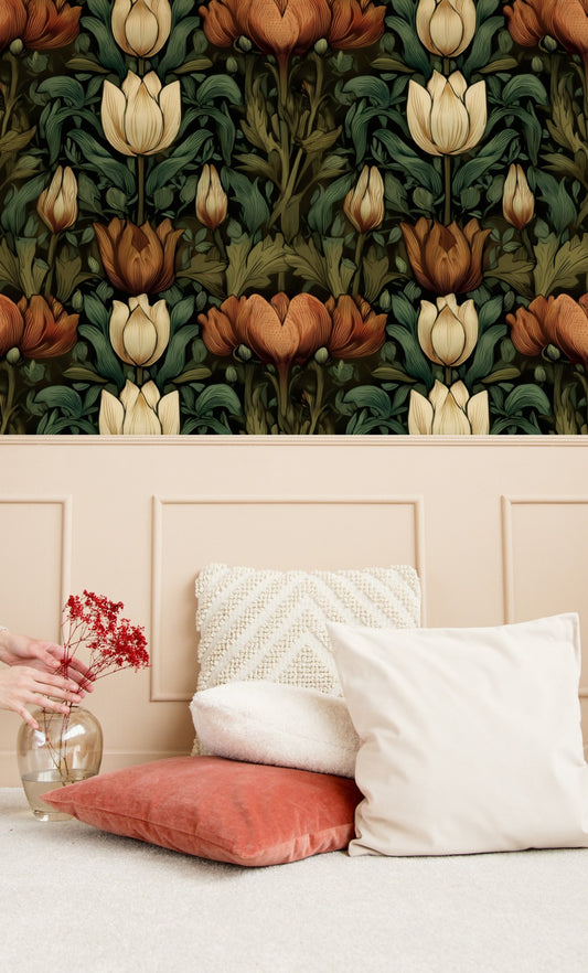 Rust Tulip large scale wallpaper in a styled room