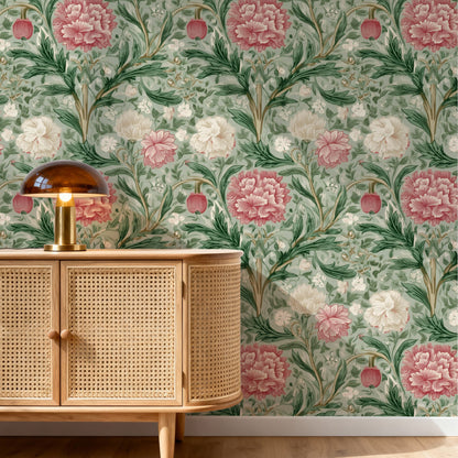 Sage Bloom large scale wallpaper in a styled room