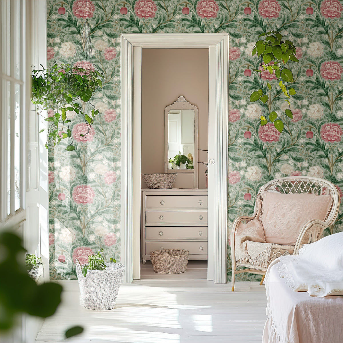 Sage Bloom large scale wallpaper in a styled room
