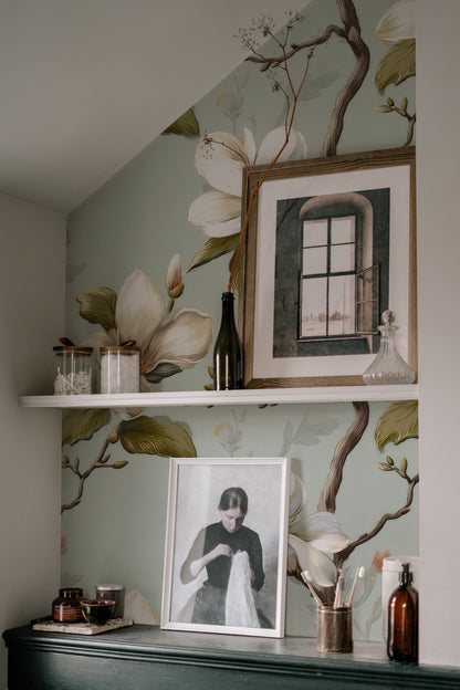 Sage Branch large scale wallpaper in a styled room