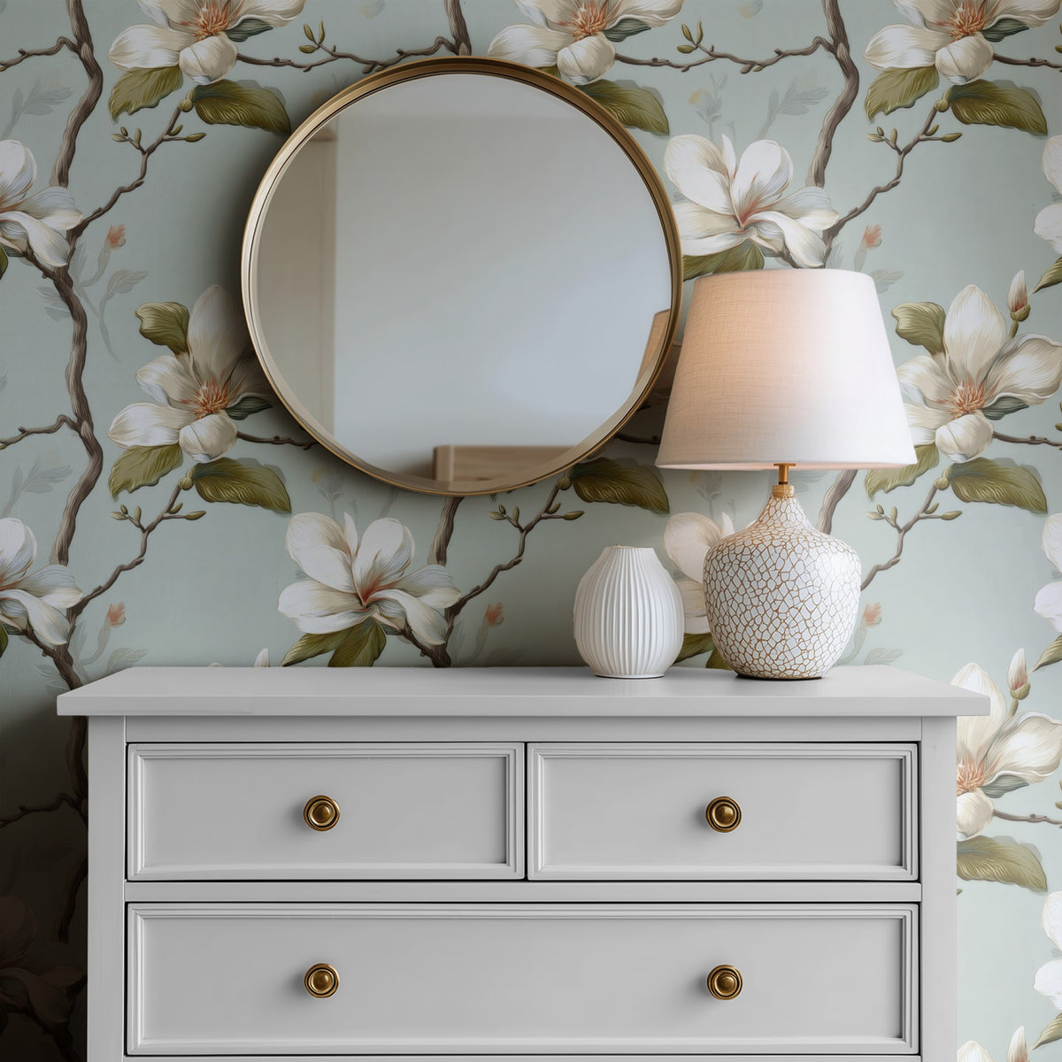 Sage Branch large scale wallpaper in a styled room