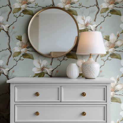 Sage Branch large scale wallpaper in a styled room