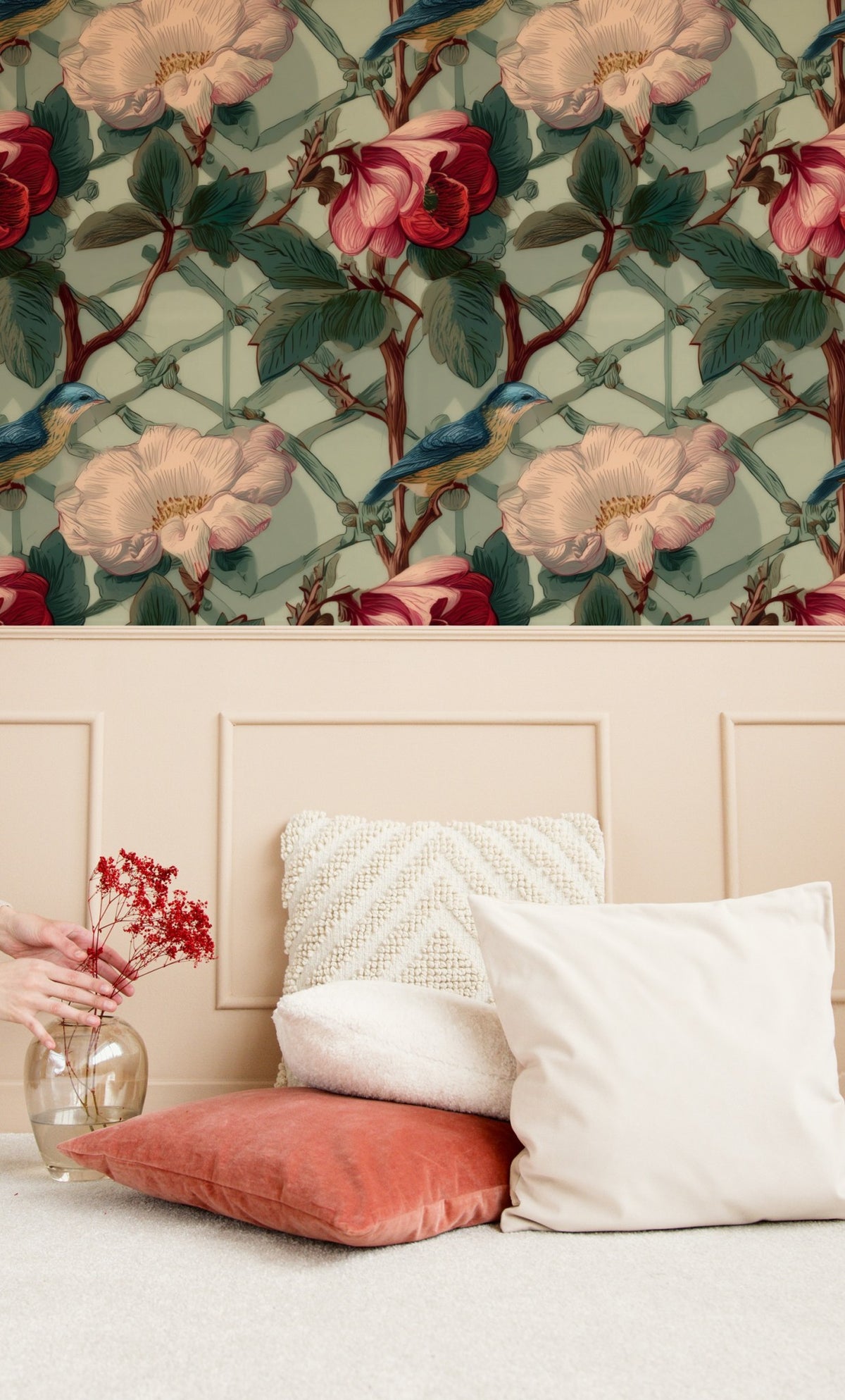 Sage Camellia large scale wallpaper in a styled room