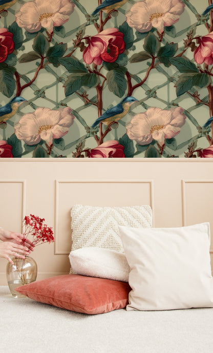 Sage Camellia large scale wallpaper in a styled room
