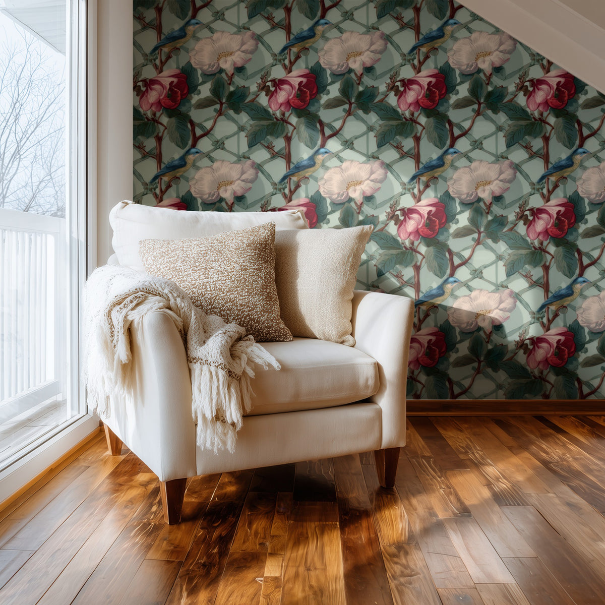 Sage Camellia large scale wallpaper in a styled room