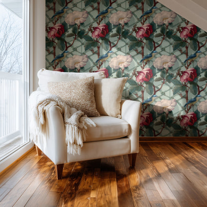 Sage Camellia large scale wallpaper in a styled room