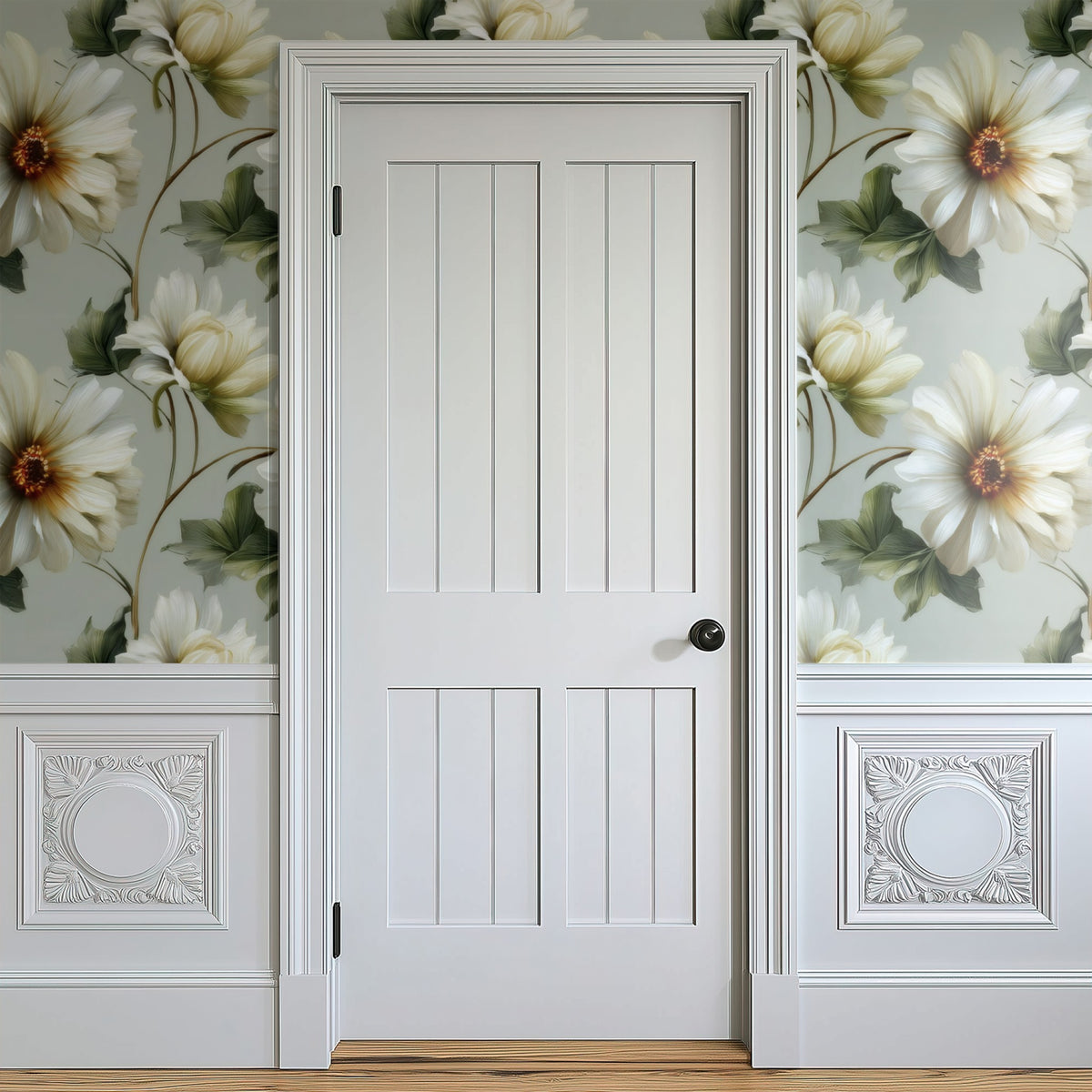 Sage Dahlia large scale wallpaper in a styled room