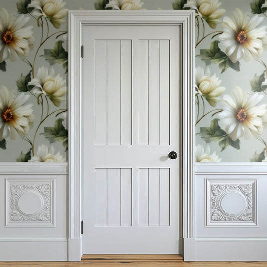 Sage Dahlia large scale wallpaper in a styled room
