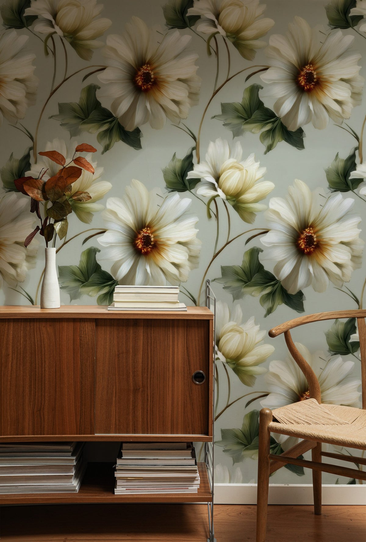 Sage Dahlia large scale wallpaper in a styled room