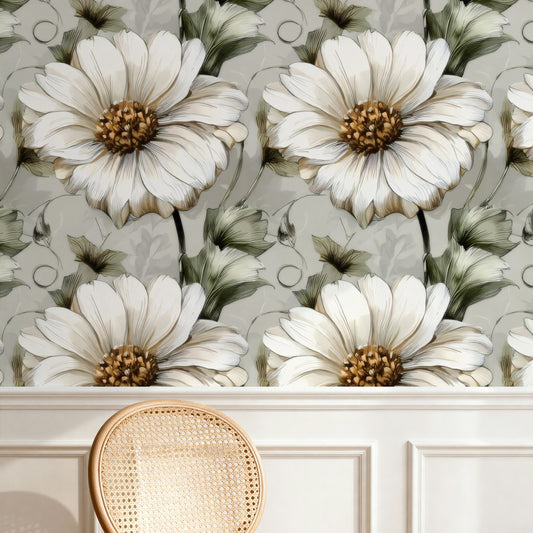Sage Daisy large scale wallpaper in a styled room