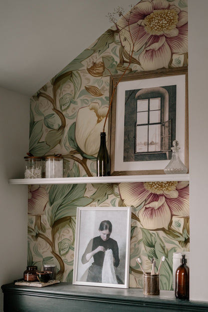 Sage Damask large scale wallpaper in a styled room