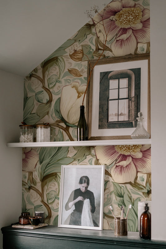 Sage Damask large scale wallpaper in a styled room
