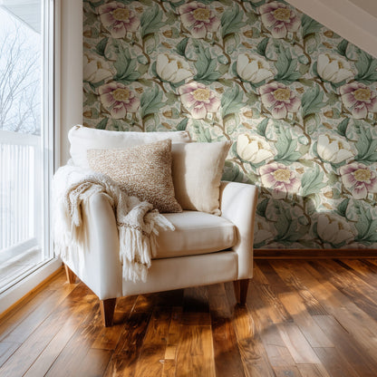 Sage Damask large scale wallpaper in a styled room