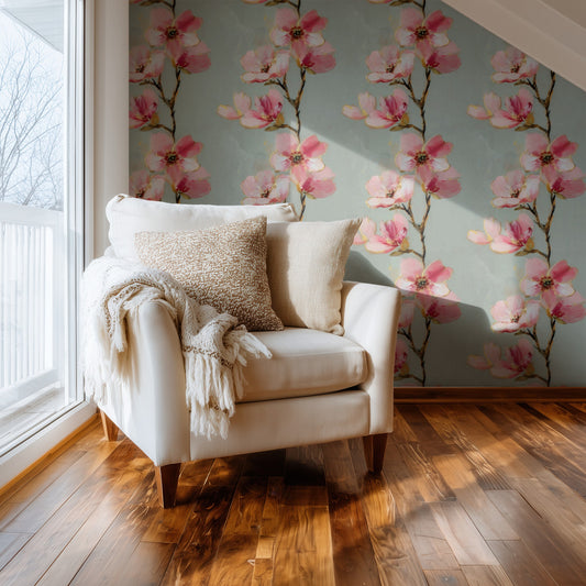 Sage Dogwood large scale wallpaper in a styled room