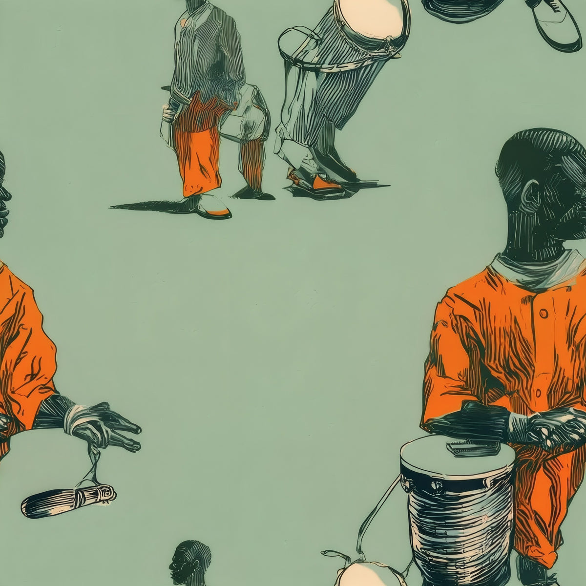 Sage Drummers large scale wallpaper pattern repeat