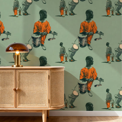Sage Drummers large scale wallpaper in a styled room