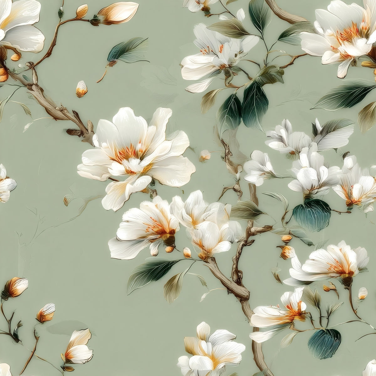 Sage Magnolia large scale wallpaper pattern repeat