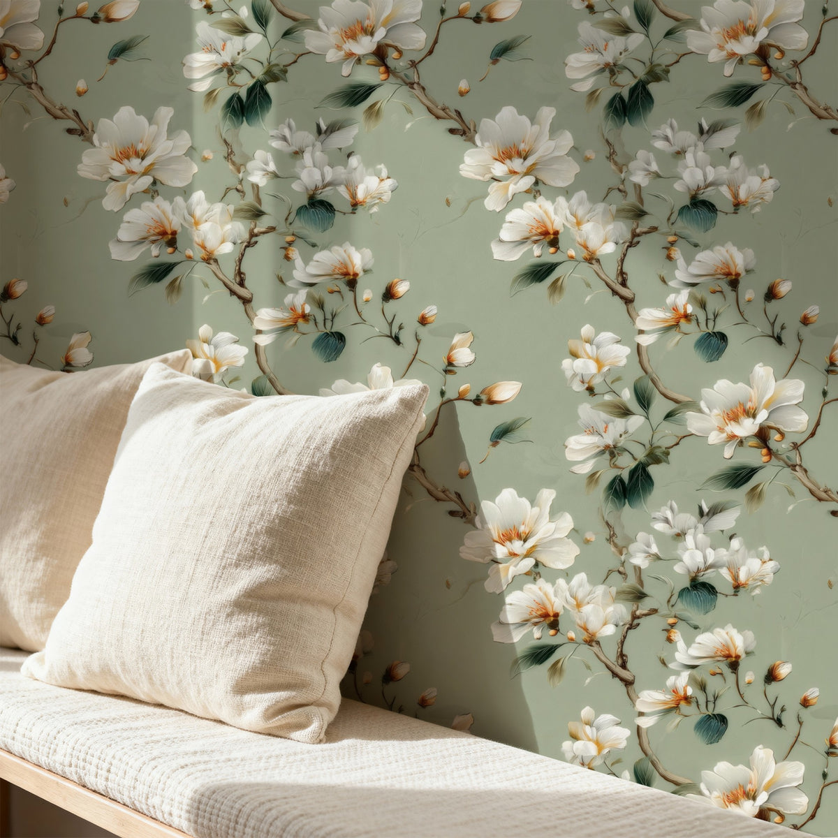 Sage Magnolia large scale wallpaper in a styled room