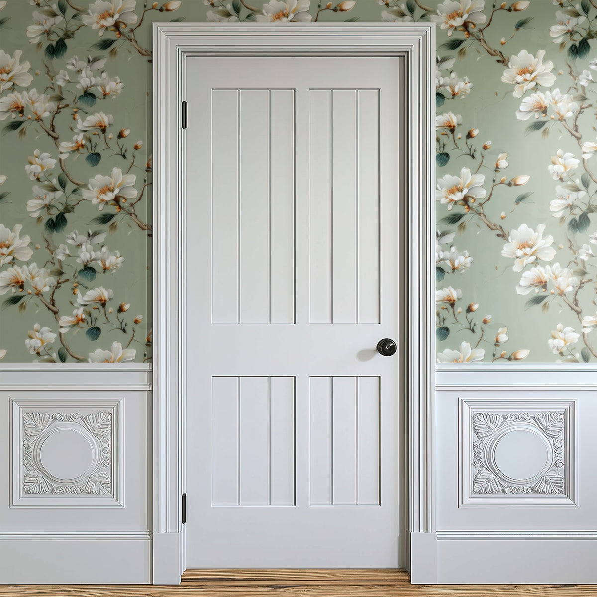 Sage Magnolia large scale wallpaper in a styled room