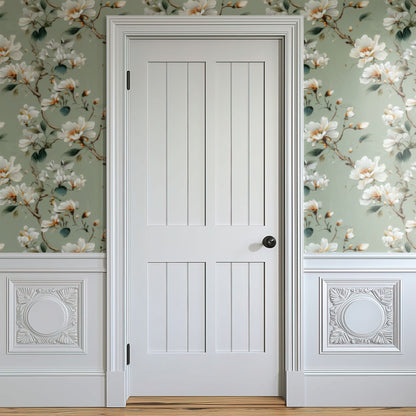 Sage Magnolia large scale wallpaper in a styled room