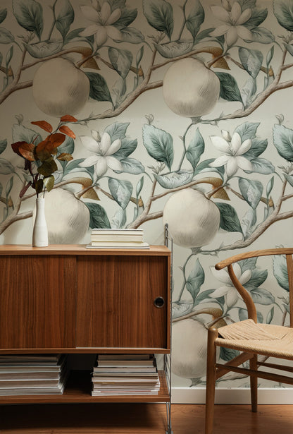 Sage Orchard large scale wallpaper in a styled room